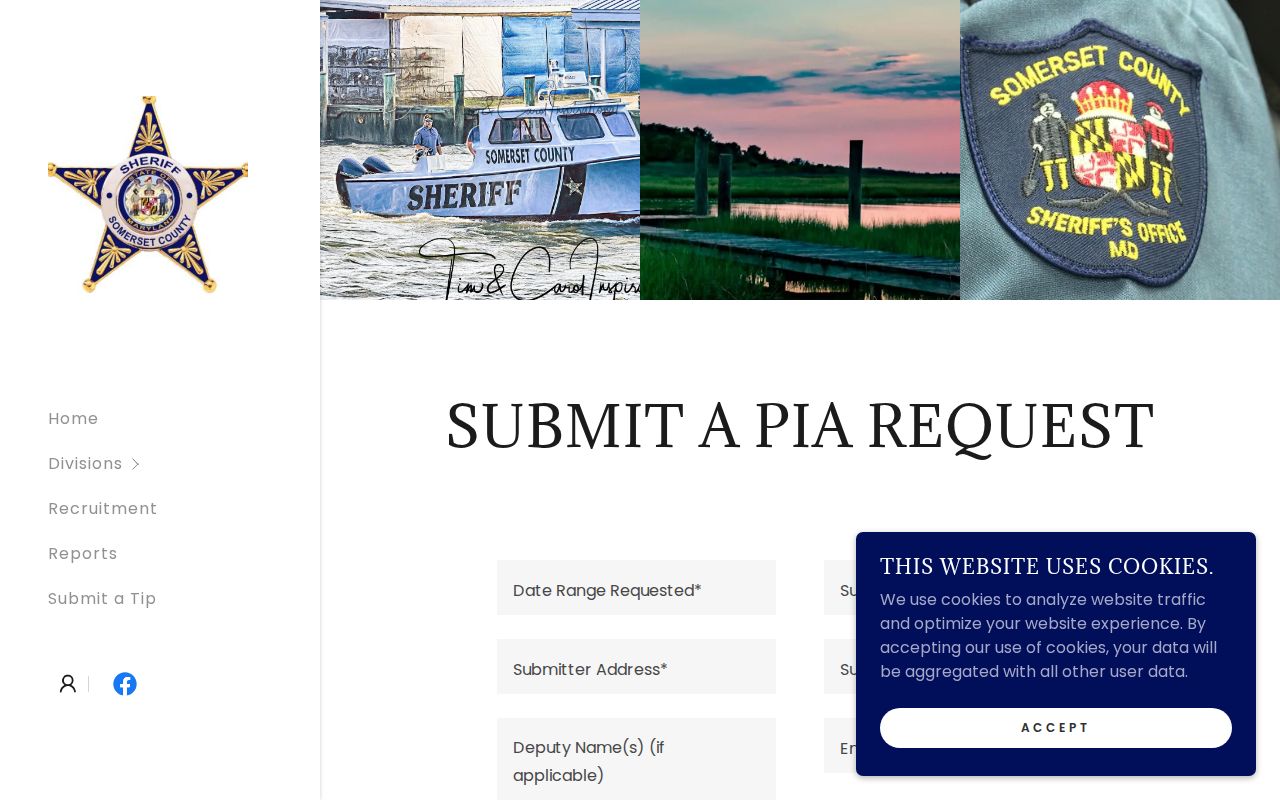 Somerset County warrant records MPIA request form showing required fields and the submit button