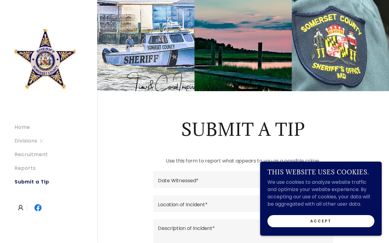 Somerset County most wanted guide showing the sheriff tip form fields and privacy notice