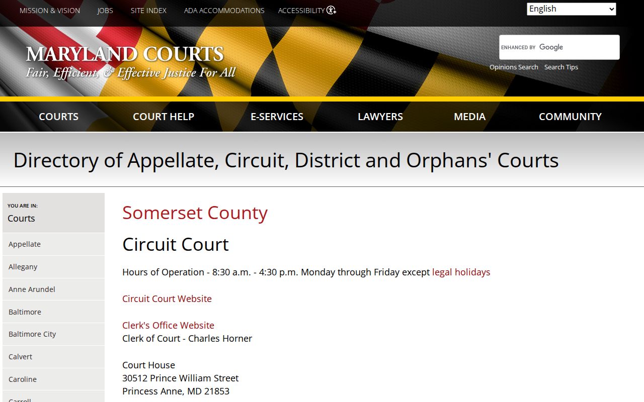 Somerset County warrant records court directory listing courthouse addresses and public hours