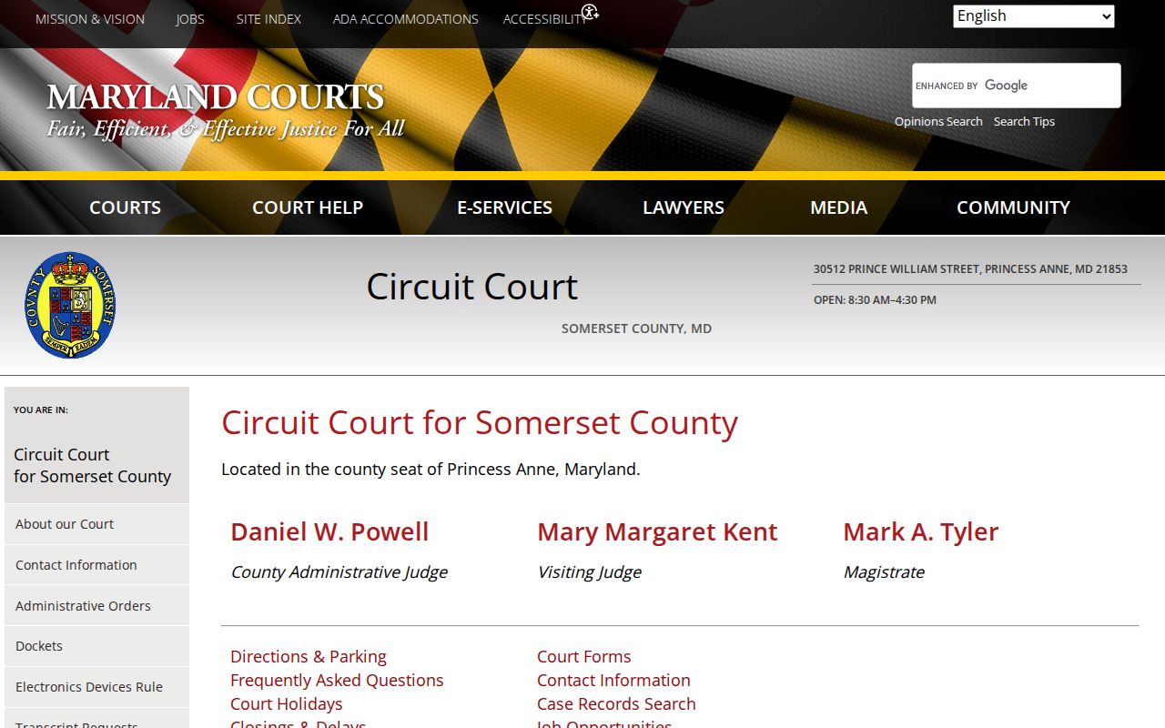 Somerset County arrest warrant lookup showing the Circuit Court courthouse page with address and directions