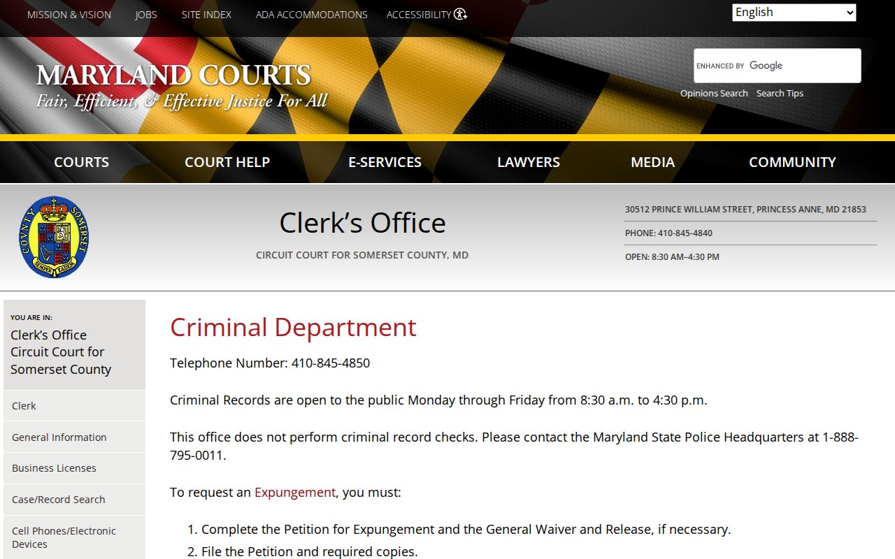 Somerset County arrest warrant lookup showing criminal department public hours and local phone numbers