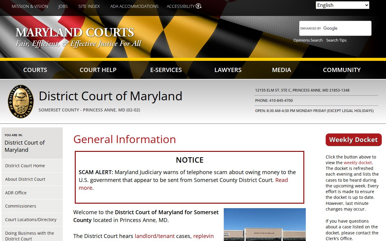 Somerset County bench warrant lookup showing the District Court location, address, and public hours