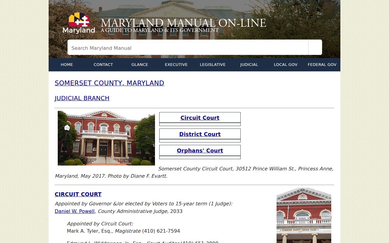 Somerset County bench warrant lookup showing the Maryland Manual courthouse and District Court contact block