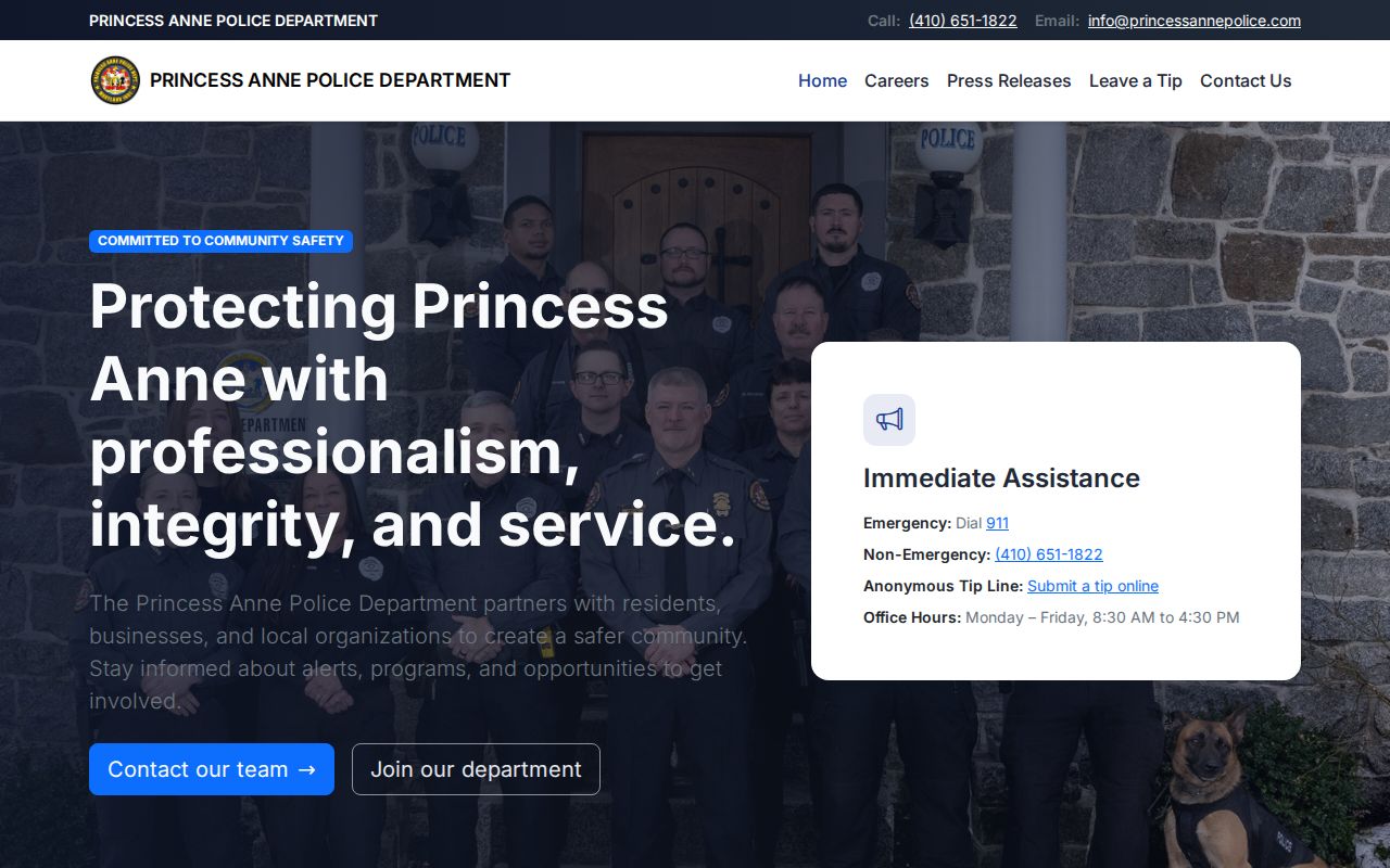 Princess Anne warrant records showing the city police home page with address, phone, and office hours