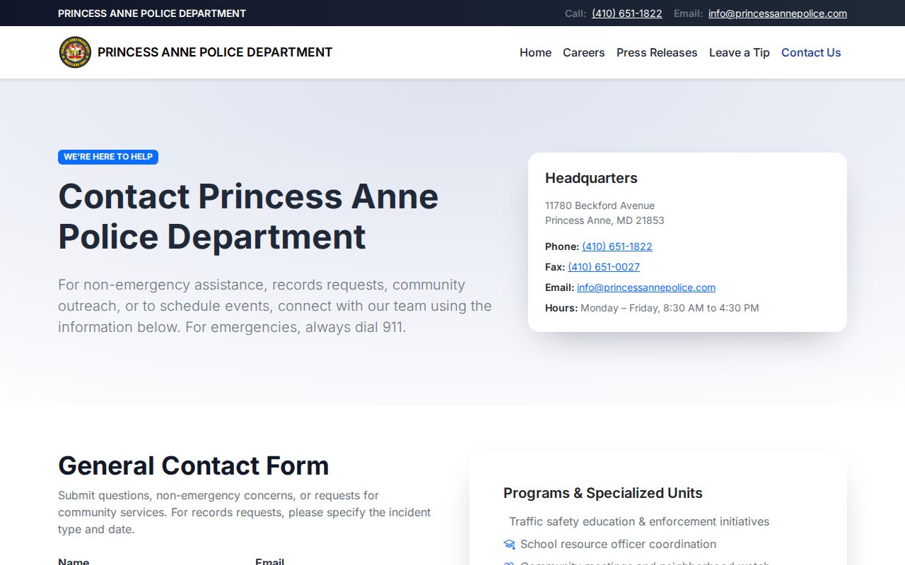 Princess Anne warrant records showing the city police contact form and agency contact block