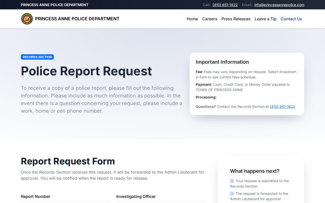 Princess Anne warrant records showing the city police report request interface