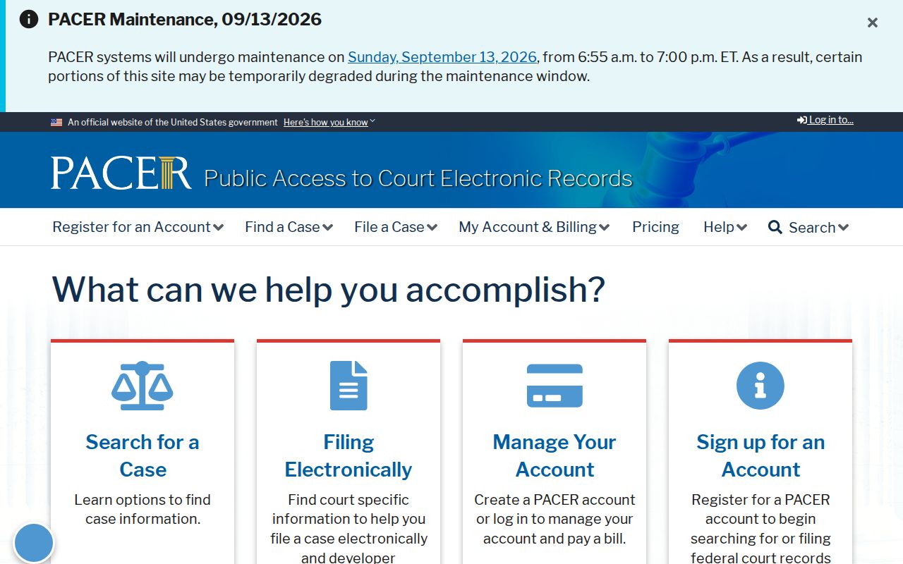 Somerset County arrest warrant lookup showing the PACER federal docket interface