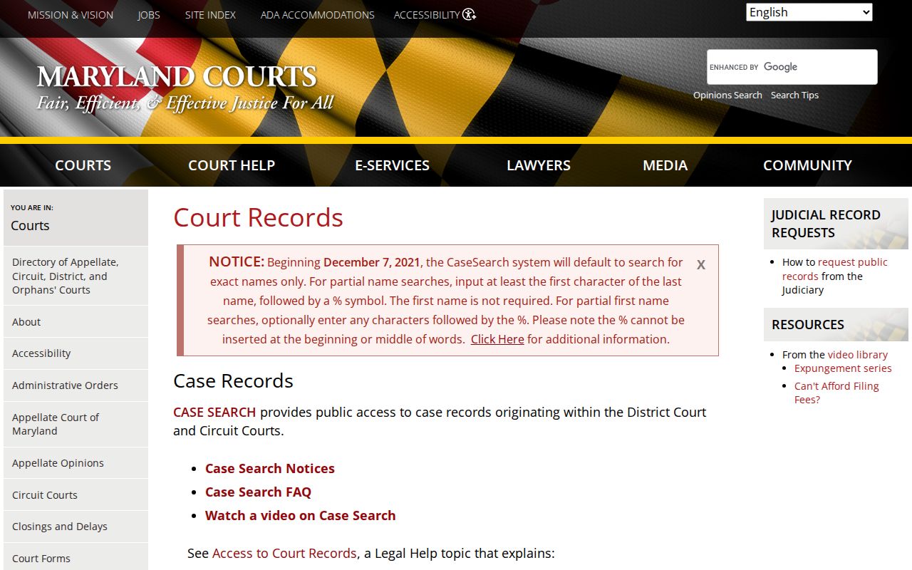 Somerset County warrant search instructions showing exact name entry and the percent sign partial search rule